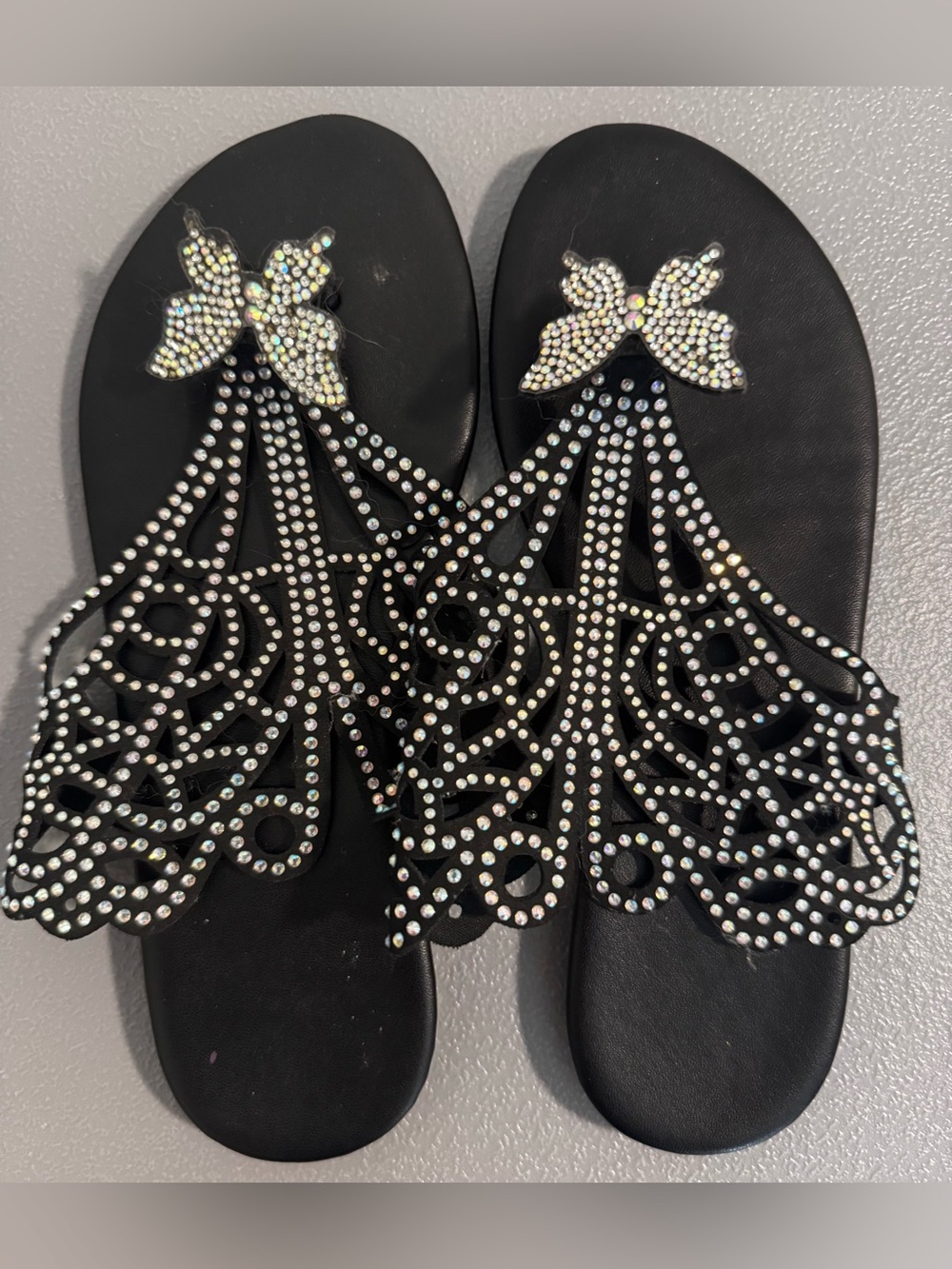 Women's Black Rhinestone Butterfly Flip Flop Sandals Size 36 (US 6)